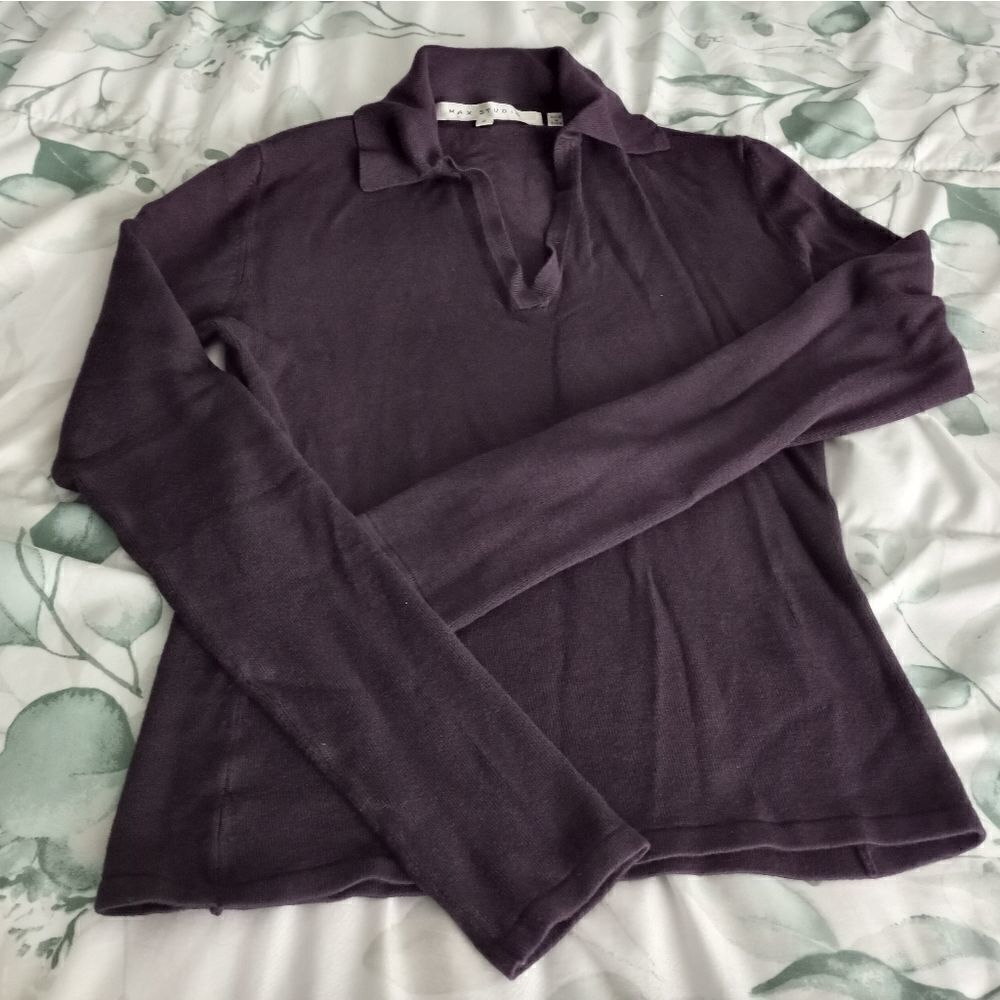 Max Studio S Longslve V Neck Knitted Purple Collar Rayon Nylon Women's Sweater.